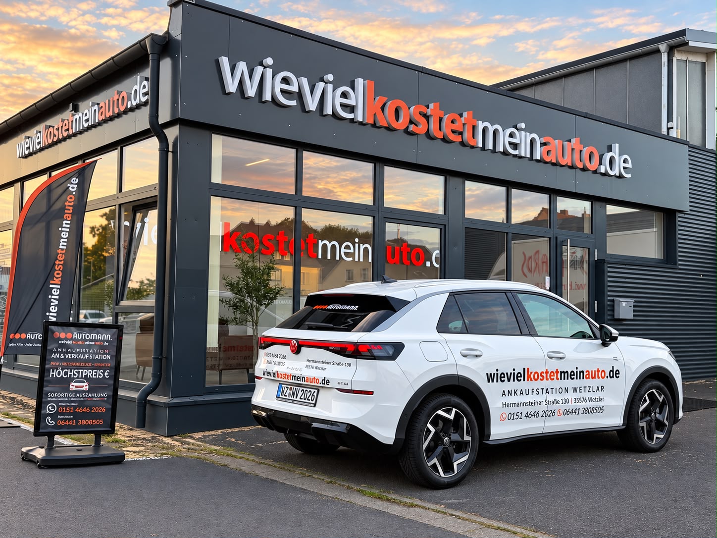 Ankaufstation wievielkostetmeinauto.de in Wetzlar bei Sonnenuntergang